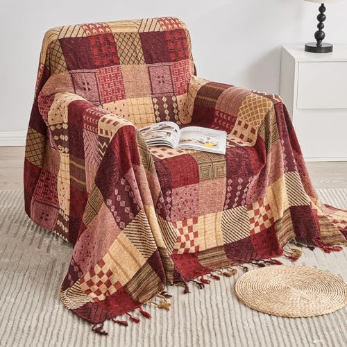 Edcooy Boho Throw Blanket,Patchwork Large Blankets for Sofa Double Bed Armchair Couch,Weighted Soft Furniture Throws,Tassels Chenille Throws and Blankets for Bohemian Decor (S-150x200)