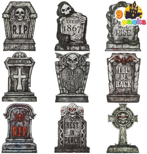 JOYIN 16 9 Pcs Halloween Tombstones Decorations Outdoor, Graveyard Yard Lawn Plastic Headstones with 18 Metal Stakes for Halloween Cemetery, Indoor Decorations, Prop, Party Decor Supplies