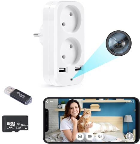 RUIYIG Cámara Oculta，Mini Cámara Espía，WiFi Inalámbrica con Audio y Video，HD 1080p，Cámara de Seguridad Oculta，para Vigilancia de Seguridad en el Hogar，con 2 Puertos USB y 2 Enchufes EU.