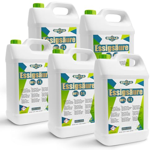 25 l d'acide acétique 80 % de qualité supérieure | 5 x 5 l d'essence de vinaigre 80 % de qualité alimentaire 25 kg | Vinaigre de haute pureté pour des applications polyvalentes | Parfait pour un usage