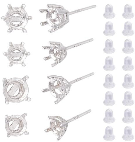 Hobbspring 4 Paare 925 Sterling Silber Ohrstecker 4 Größen Platin Ohrstecker Krallen 4/5/6 Prong Kralle Lünette Ohrring Einstellungen mit Kunststoff-Ohrmuttern für Edelstein Ohrstecker machen