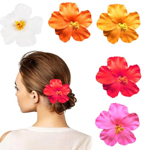 Youery 5 horquillas para el pelo con flores, hawaianas para mujer, plumeria hibisco, pinzas de flores artificiales para vacaciones, fiesta en la playa, piscina, crucero, sesión de fotos