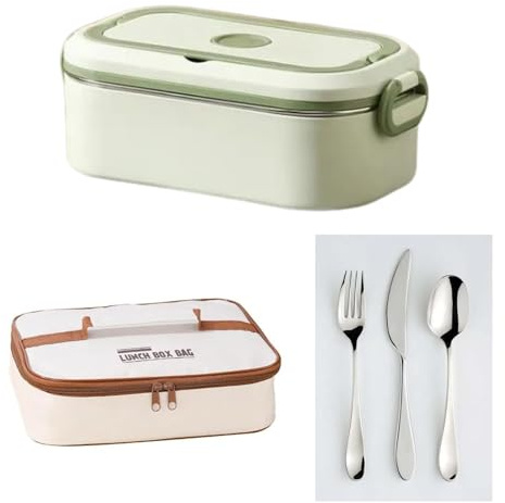 Grecale Swell Single Layer Leak Proof Bento Lunch Box – Metal Lunch Box with Insulated Bag & Stainless Steel Cutlery, Thermal Lunch Box for Adults (Green)