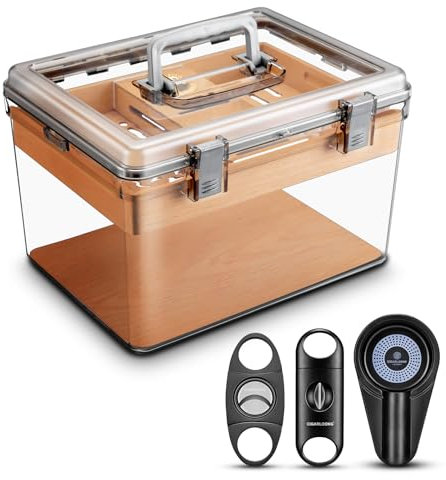 CLZOONG Acryl Zigarren Humidor Set mit Luftbefeuchter und Hygrometer, transparenter Humidor Fall Eingebautes Zedernregal, tragbarer Desktop Humidor Box Lagerung für etwa 100 Zigarren (Large)