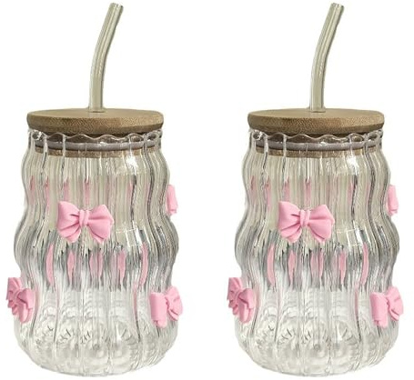 RXMORI Verres à Boire Nervurés avec Couvercle en Bois et Pailles en Verre, Tasses en Verre ondulé de 450 Ml, Verrerie Nervurée, Tasse à café glacé, Joli Gobelet à Nœud/fleur de