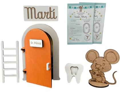 Puerta Ratoncito Pérez Personalizable Con Nombre,SE ABRE, color NARANJA-Con 4 certificados+Escalera+Felpudo personalizado+Caja para diente y opción si quieres a ratón. Puerta mágica.Casita Ratoncito