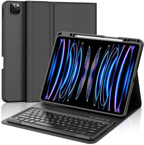 SENGBIRCH Funda con teclado para iPad Pro 12,9 6ª/5ª/4ª/3ª generación, diseño italiano QWERTY extraíble inalámbrico Bluetooth teclado, funda con portalápices soporta carga, negro