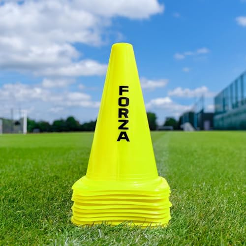 FORZA Coni Marcatori per Allenamento Multisport - Coni in Plastica Resistente per Tutti Gli Sport E Allenamenti | 4 Colori Fluorescenti [Pacco da 10 O 100] (Pacco da 10, Giallo Fluorescente, 23cm)