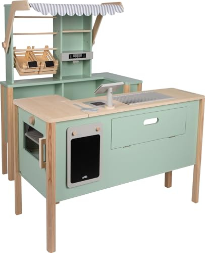 small foot Negozio e Cucina per Bambini Verde Fresh in Legno con Accessori, Cucina Gioco e bancarella del Mercato, Gioco di Ruolo per Bambini dai 3 Anni, 12688