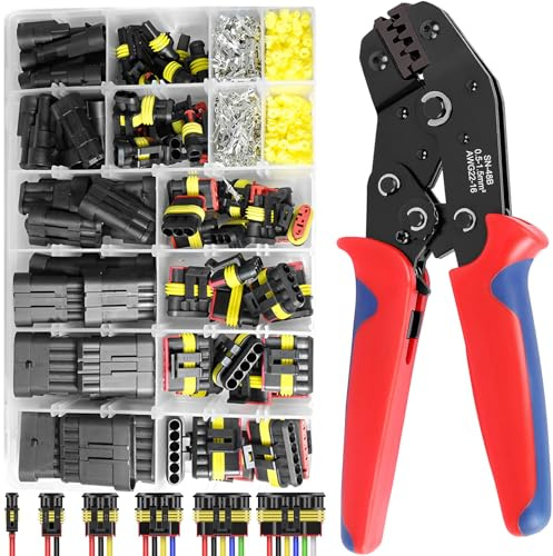 708 Pcs Automotive Electrical Connectors with Crimping Plier, 1/2/3/4/5/6 Pin Waterproof Cable Connector, Car Wire Terminals Plug Kit, Ratcheting Crimper Tools for Motorcycle, Scooter, Truck, Boats