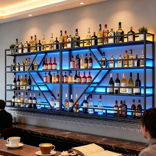 SPTZQURY Wall Mounted Wine Rack, Modern Diamond Shaped Floating Bar Wine Storage Display Shelf, 3 Tier Metal Industrial Liquor Bottles Shelves Wine Glass Holder (Black, 4 tier,240cm)