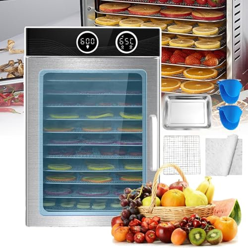 Deshidratador comercial carne y frutas, 12 bandejas, acero inoxidable, 1200 W,con juego de accesorios (12 hojas deshidratadoras, 2 bandejas goteo,guantes), cocina profesional para el hogar.
