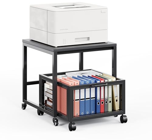 Tavolo per stampante con cassetto portaoggetti, supporto per stampante con ruote universali, supporto mobile per stampante in legno e metallo, 50 x 50 x 43 cm, portata fino a 70 kg, per ufficio, casa