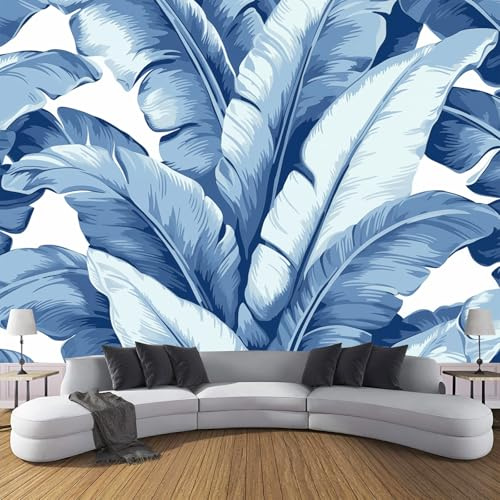 JSCWDET Papier Peint Style Tropical Soie, Bleu Poster Geant Mural 3D Pour Salon Chambre Décoration Murale,Motif Feuille De Bananier,150×105 Cm (W×H)