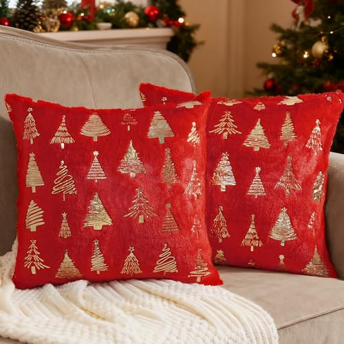 Miaikoe Weihnachtskissen Abdeckungen 40x40 cm, Glitter gedruckt Dekorative Kissen Abdeckungen Kissenhülle Set von 2 Winterurlaub Weihnachtsdekor Sofa Couch Rot