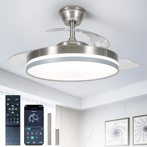 Depuley 42 versenkbarer Deckenventilator: Leise, intelligente Deckenventilatoren mit Beleuchtung und Fernbedienung - Dimmbarer Fandelier in Nickel und Grau mit Memory-Funktion für Schlafzimmer