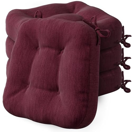 Codi Stuhlkissen 40 x 40 cm, 4er-Set, 8 cm dick, Sitzkissen Outdoor | Weinrot, Memory-Foam-Füllung, wasserabweisender Bezug, rutschfester Halt mit Bindebändern, für Gartenstühle und Balkon