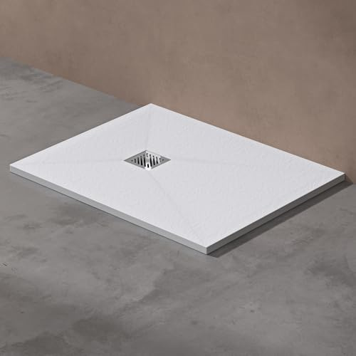 doporro Duschwanne Duschtasse 80x100x3cm aus Mineralguss in Weiß | Rechteckig Duschwanne für bodenebene Montage mit DIN-Anschlüssen – stabil & pflegeleicht für moderne Duschen Geoma09
