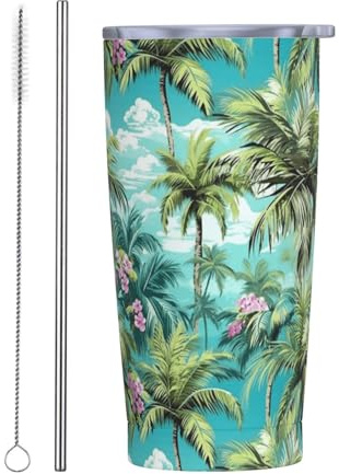 XUNNEECY Green Palm Tree Tumbler 20 oz Botanical Floral Mug With Lid and Straw Tropical Plant Coffee Cup Summer Pink Floral Travel Tumblers for Gym Hiking Water Bottle Birthday Presents for Women Men