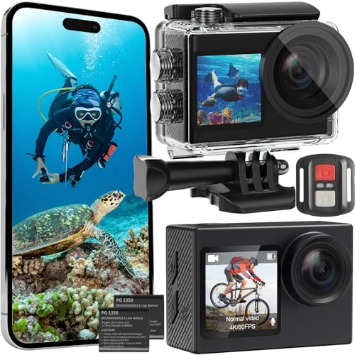 Yonvim Actioncam 4K 60FPS WiFi Unterwasserkamera 40MP 40 Meter wasserdicht mit Touchscreen, 170° Weitwinkel, EIS-Bildstabilisierung, 5X Zoom, 2,4G Fernbedienung & 2 Akkus 1350mAh