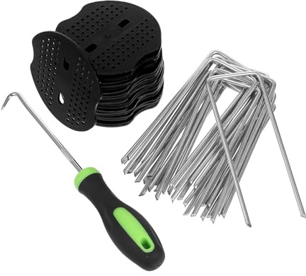 NIYANGLE Estacas de Jardín en Forma de U 4x10 Cm de Acero Resistente, Grapas para Césped y Fijación de Tela de Barrera, Paquete de 41 Piezas con Juntas y Accesorios para Paisajismo
