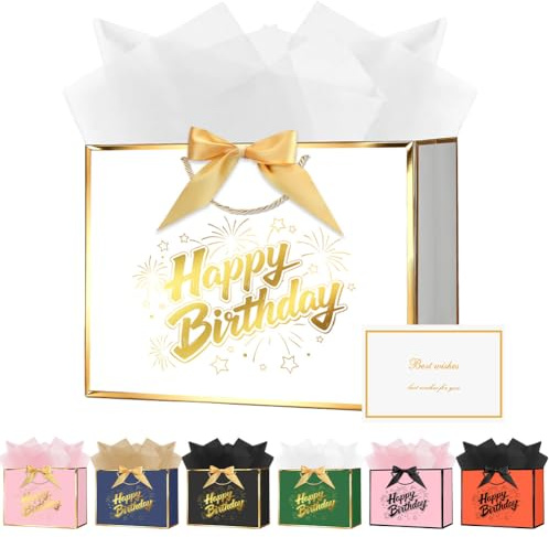 OFFCUP Geschenktüte Geburtstag, 28×20×10cm Geschenktaschen mit Happy Birthday Aufdruck, Luxuriöse Geschenktüte zum Geburtstag mit Seidenpapier Grußkarte und Griffen für Frauen Mädchen