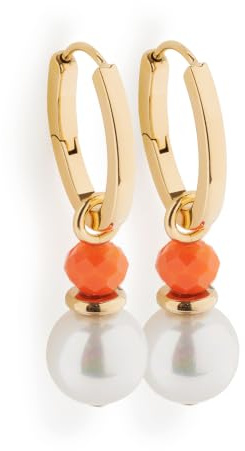 JEWELS BY LEONARDO örhängen Solera • 1 par kreoler av guldfärgat rostfritt stål • Fällbar kreol med avtagbar hängare • Orange glaspärla och vit kula • Smycken present för kvinnor • 026890