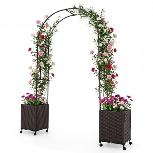 COSTWAY Jardinière avec 2 Treillis Latéraux Toit Suspendu, Arche Jardin 2 Bacs Inférieur à Arrosage Automatique en Rotin avec roulettes Verrouillables pour Plantes Grimpantes Fleurs (Marron)