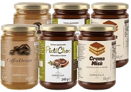 Agrisicilia Set de 6 Tarros de Cremas Untables - Café, Pistacho y Chocolate, Tiramisú - Caja Surtida de Crema Dulce para Desayuno y Postres