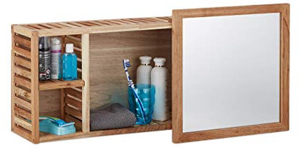 Relaxdays Wandregal mit Spiegel, Walnuss, verschiebbarer Spiegel, geöltes Holz, 80 cm breit, besonders fürs Badezimmer, natur