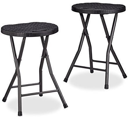 Relaxdays Sgabello Pieghevole Bastian, Forma Rotonda, Effetto Rattan, Resistente, HxLxP 45x32,5x29 cm, Nero