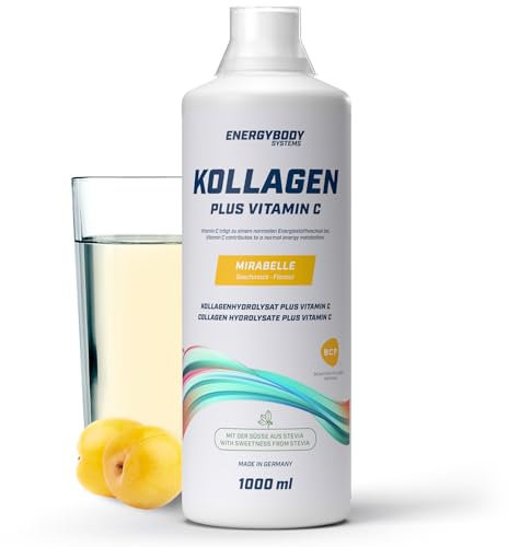 Energybody Kollagen Liquid Plus Vitamin C „Mirabelle“ / 1000 ml/Flüssiges Kollagen Hydrolysat/Reines Rinderkollagen bestehend aus bioaktiven Kollagenpeptiden/Collagen Drink mit 40 Portionen