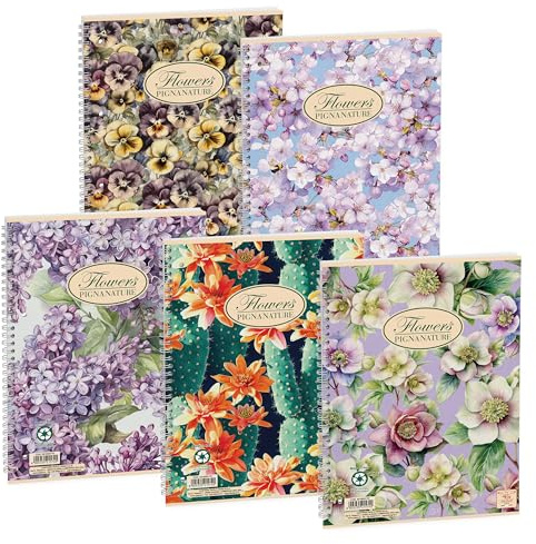 Pigna, Confezione 5 Maxi Quaderni Spiralati Nature Flowers,carta riciclata 80gr, A4 , con 4 fori e microperforazione, interno 1R, righe