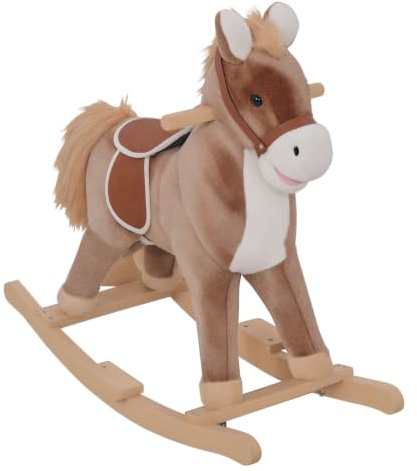 HOMCOM Schaukelpferd Cowboypferd Sattel Großer Komfort Kurzer Plüsch Weiches Holz Pappel Braun