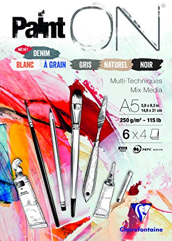 Clairefontaine 975409C Blocco collato PaintON multi-tecnica - 24 fogli carta da disegno multi-tecnica - Assortiti 6 Colori x 4 fogli - A5 14,8x21 cm 250g