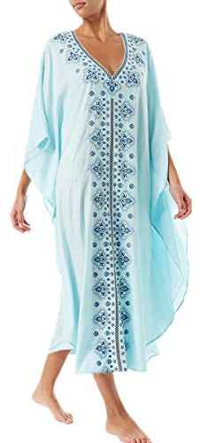 YouKD Verano Algodón Bordado Floral Flojo Caftán Boho Vestido de Bikini de Playa Bata de Talla Grande para Mujer