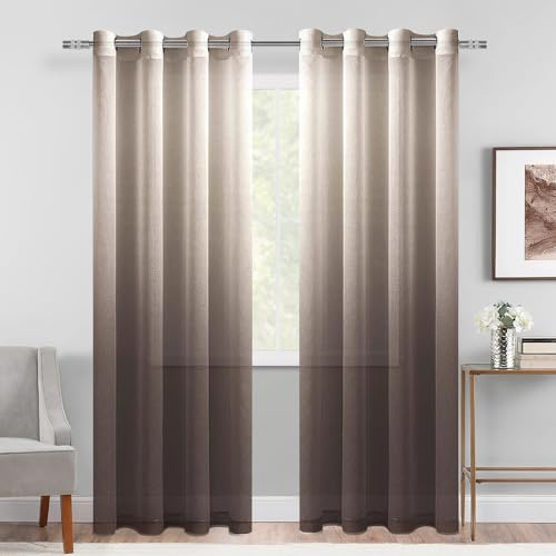 DWCN Ombre Sheer Curtains - Faux Linen Gradient Grommet Top Semi Voile Drapes for Bedroom and Living Room, Set of 2 Window Curtain Panels, 52 x 96 Inches Long, Chocolate Brown