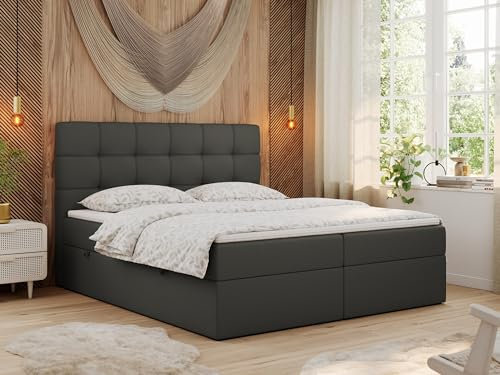 MKS MEBLE Boxspringbett mit Matratze, Bett mit Multipocket - Matratze und Topper T25, Polsterbett mit Bettkasten und Kopfteil, ERNI (180x200 cm, H4 Dunkelgrau, Kunstleder)