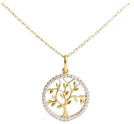 Collana – Ciondolo in oro giallo con albero della vita incastonato con zirconi – catena dorata in omaggio, Oro, zirconia cubica