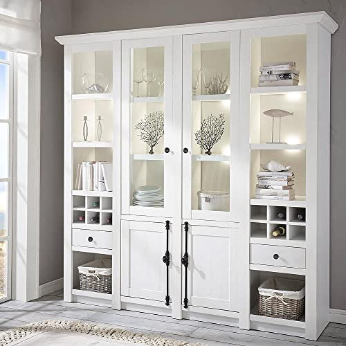 Lomadox Buffetschrank Vitrine Vitrinenschrank Standvitrine Landhaus Pini weiß inkl. Beleuchtung und Weidenkörben B/H/T ca. 194/207/45cm