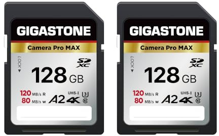 [5 Jahre kostenlose Datenrettung] GIGASTONE 128GB SD-Karte 2er-Pack, 4K Kamera Pro MAX, A2 4K SDXC Speicherkarte, Kompatibel mit Canon Digitalkameras, mit 2 Mini Case