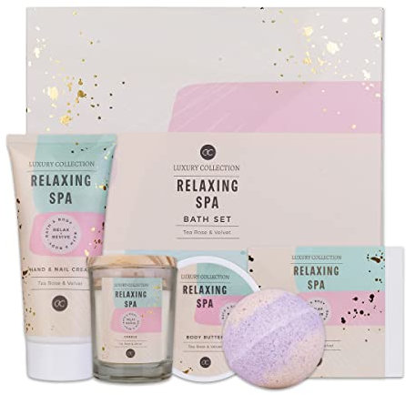 Accentra Coffret cadeau RELAXING SPA pour femmes 5 pièces - coffret de bain avec bougie parfumée, savon, crème pour les mains, beurre corporel et bombe de bain- coffret bien-être pour femmes et filles