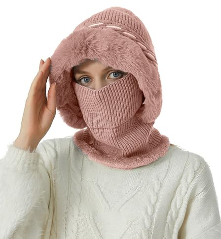 crazy bean vintermössa stickad mössa halsvärmare vinter stickad mössa dam ansiktsskydd varm huvudmössa utomhus, ROSA, En Storlek