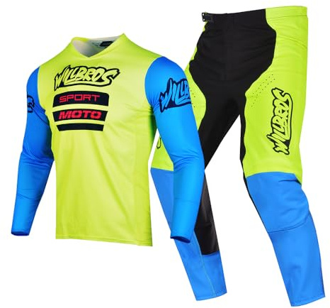 Willbros MX Completo Maglia e Pantaloni da Motocross Set Dirt Bike Equitazione Moto Gear Set Adulto Blu Verde (Jersey M Pants 32)