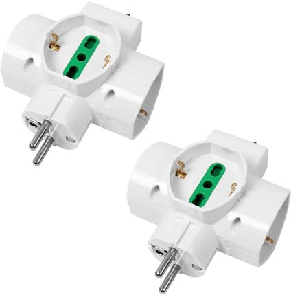 EXTRASTAR 2 Pezzi Adattatore Elettrico Multiplo Verticale, 3 Prese Universali con Protezione Bambini SICURY, Spina Schuko 2P+T 16A Combinata Standard Tedesco e Francese (2-pin 16A, Bianco)