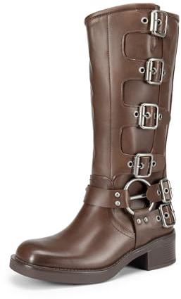 DREAM PAIRS Women's Knee High Riding Boots Side Zipper Motorcycle Boots Square Toe Chunky Heel Fashion Buckles Biker Boots,Size 9,Tan,SDKB2416W