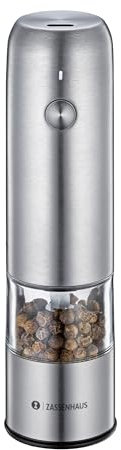 Zassenhaus Pfeffermühle KÖLN, Elektrische Gewürzmühle, Edelstahl rostfrei, stufenlos verstellbares Hochleistungs-Keramikmahlwerk, Mühle für Pfeffer, Salz, getrocknete Kräuter, 14 cm, Ø 3,7 cm