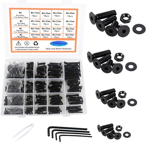 Rshuhx M3 M4 M5 M6 Black Flat head Bolt and Nut set Carbon steel material hexagon head Bolts and nuts washer set fully threaded mechanical fasteners (Comes with reusable storage box）500pieces