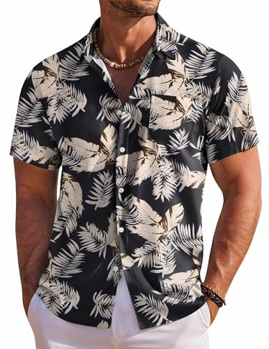 COOFANDY Hawaiian Shirt for Men Short Sleeve Casual Button Down Shirts Summer Beach Shirts for Men, Black & Khaki - Leaves, Large