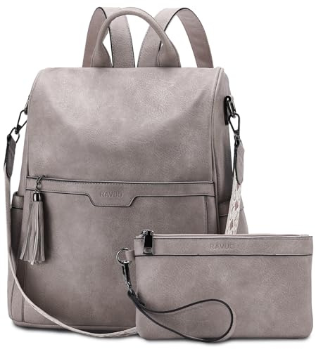 RAVUO Backpack Purse for Women, Fashion Anti Theft Leather Purse Convertible Ladies Shoulder Bag Handbag with Guitar Shoulder Strap,Grey